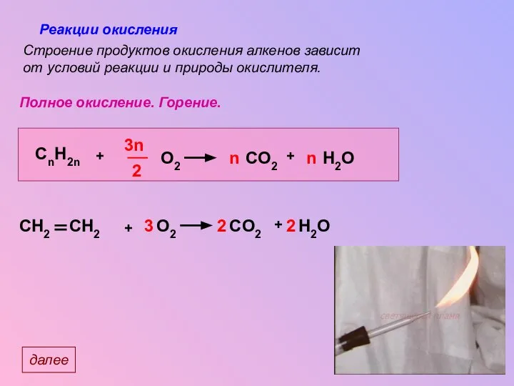 Реакции окисления Полное окисление. Горение. Строение продуктов окисления алкенов зависит от