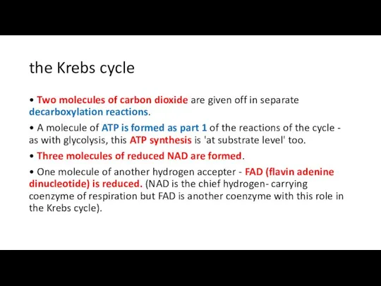 the Krebs cycle • Two molecules of carbon dioxide are given