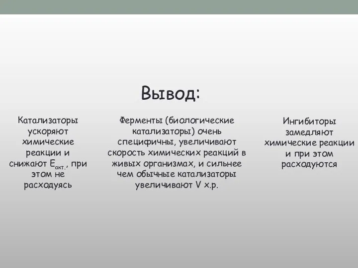 Вывод: Катализаторы ускоряют химические реакции и снижают Eакт., при этом не