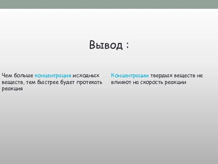 Вывод : Чем больше концентрация исходных веществ, тем быстрее будет протекать