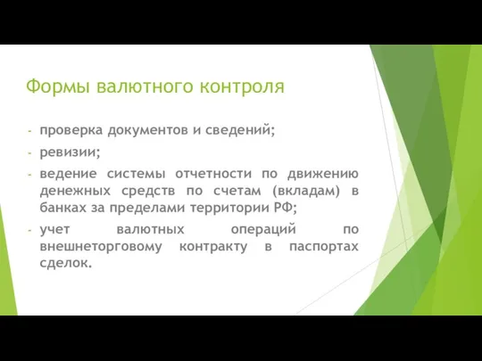 Формы валютного контроля проверка документов и сведений; ревизии; ведение системы отчетности