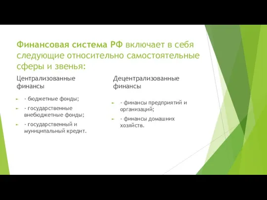 Финансовая система РФ включает в себя следующие относительно самостоятельные сферы и