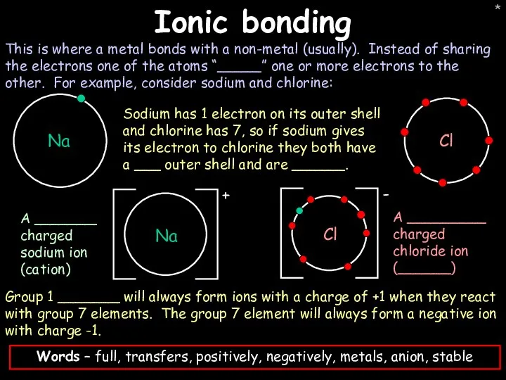 * Ionic bonding This is where a metal bonds with a