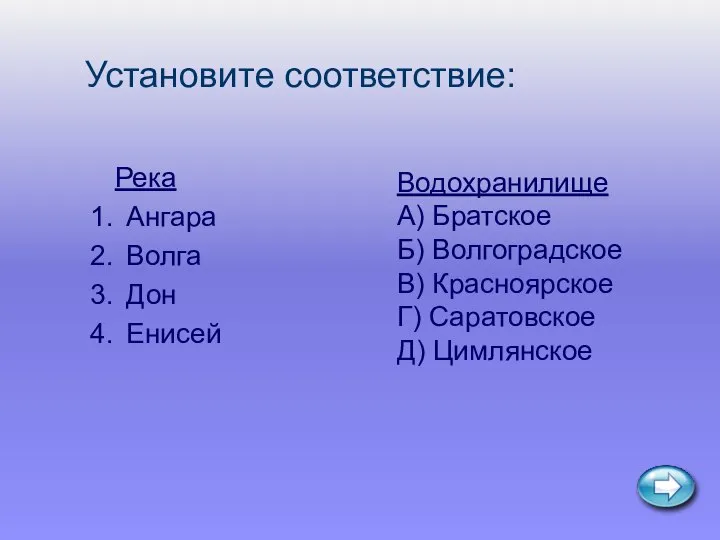 Установите соответствие: Река Ангара Волга Дон Енисей Водохранилище А) Братское Б)