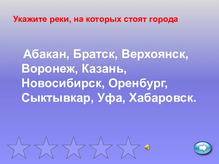 Укажите реки, на которых стоят города Абакан, Братск, Верхоянск, Воронеж, Казань, Новосибирск, Оренбург, Сыктывкар, Уфа, Хабаровск.