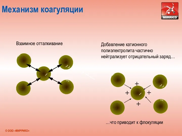 Механизм коагуляции Взаимное отталкивание Добавление катионного полиэлектролита частично нейтрализует отрицательный заряд… …что приводит к флокуляции