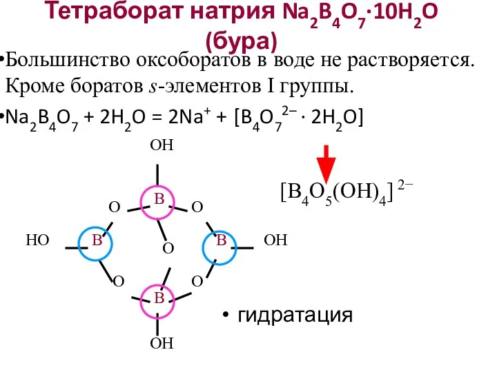 Тетраборат натрия Na2B4O7·10H2O (бура) Большинство оксоборатов в воде не растворяется. Кроме