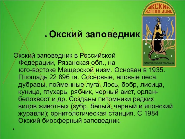 Окский заповедник Окский заповедник в Российской Федерации, Рязанская обл., на юго-востоке