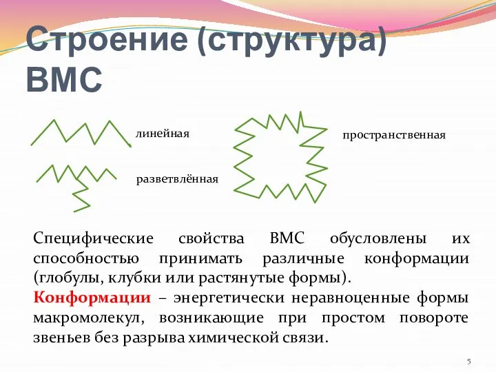 Строение (структура) ВМС линейная разветвлённая пространственная Специфические свойства ВМС обусловлены их