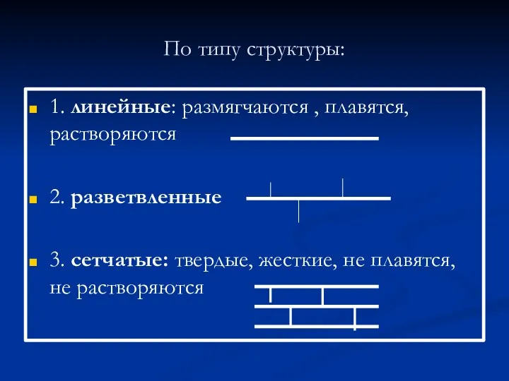 По типу структуры: 1. линейные: размягчаются , плавятся, растворяются 2. разветвленные