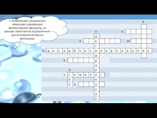 5. Химические соединения, имеющие одинаковую молекулярную формулу, но разные свойства из-за различного расположения атомов в молекулах.