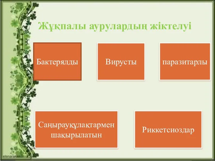 Жұқпалы аурулардың жіктелуі Бактерялды Вирусты Саңырауқұлақтармен шақырылатын Риккетсиоздар паразитарлы