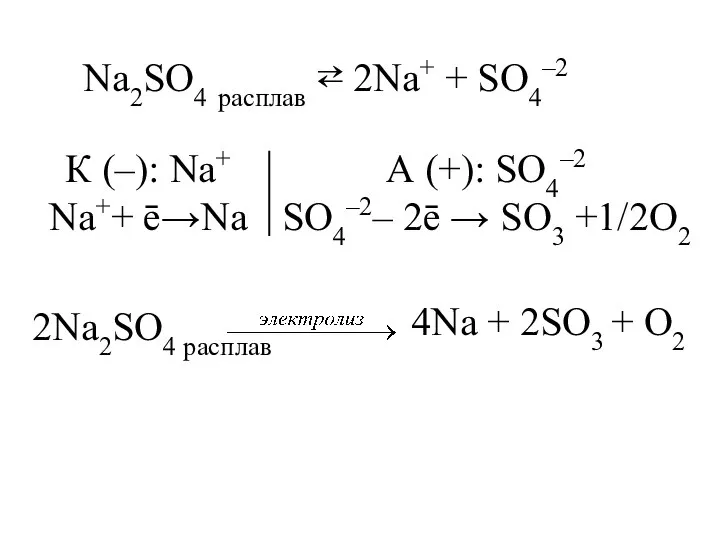 Na2SO4 расплав ⇄ 2Na+ + SO4–2 К (–): Na+ Na++ ē→Na