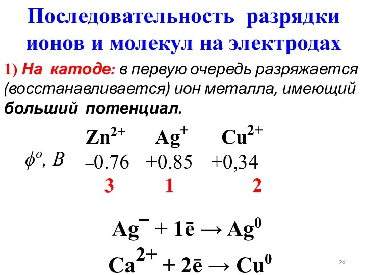 Последовательность разрядки ионов и молекул на электродах 1) На катоде: в