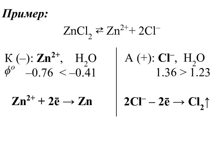 Пример: ZnCl2 ⇄ Zn2++ 2Cl– К (–): Zn2+, H2O –0.76 А