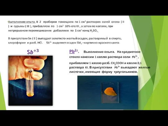 Pb2+. Выполнение опыта. На предметное стекло наносим 1 каплю раствора соли