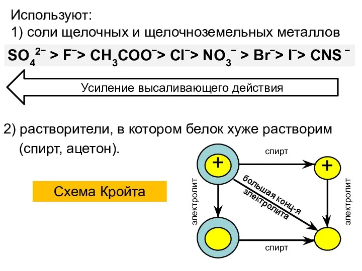 2) растворители, в котором белок хуже растворим (спирт, ацетон). Схема Кройта