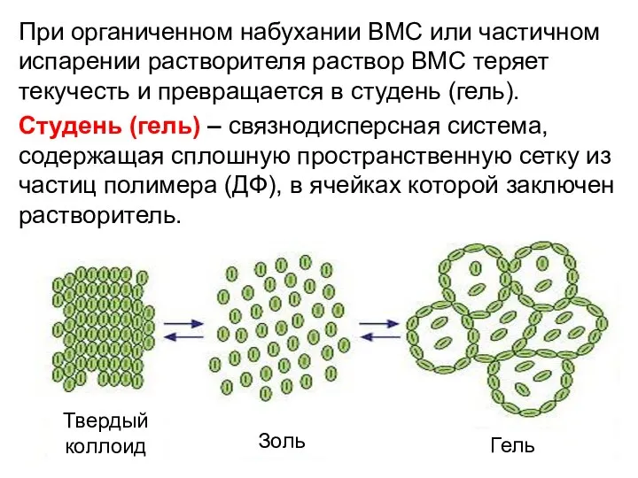 При органиченном набухании ВМС или частичном испарении растворителя раствор ВМС теряет