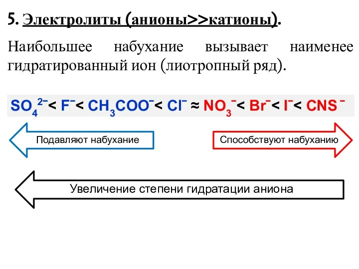 5. Электролиты (анионы>>катионы). Наибольшее набухание вызывает наименее гидратированный ион (лиотропный ряд). SO42ˉ