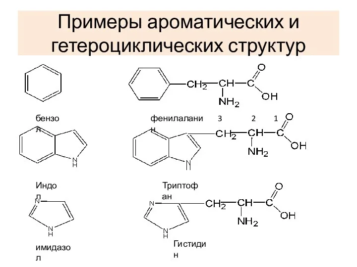 Примеры ароматических и гетероциклических структур бензол фенилаланин Индол Триптофан имидазол Гистидин 1 2 3