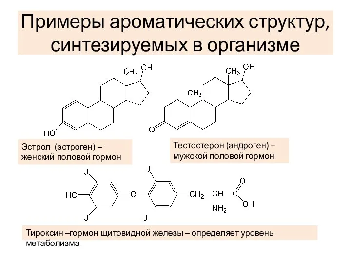 Примеры ароматических структур, синтезируемых в организме Эстрол (эстроген) –женский половой гормон