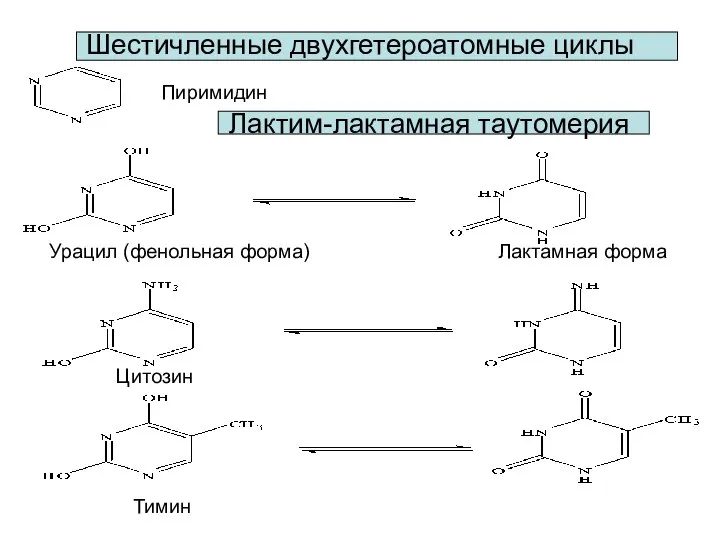 Шестичленные двухгетероатомные циклы Пиримидин Лактим-лактамная таутомерия Урацил (фенольная форма) Лактамная форма Цитозин Тимин