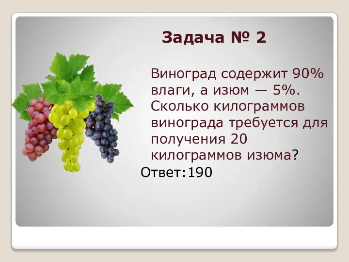 Задача № 2 Виноград содержит 90% влаги, а изюм — 5%.