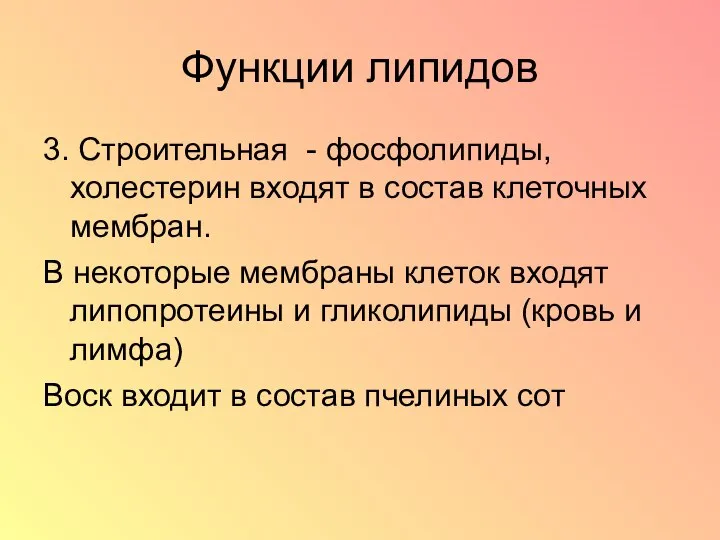 Функции липидов 3. Строительная - фосфолипиды, холестерин входят в состав клеточных