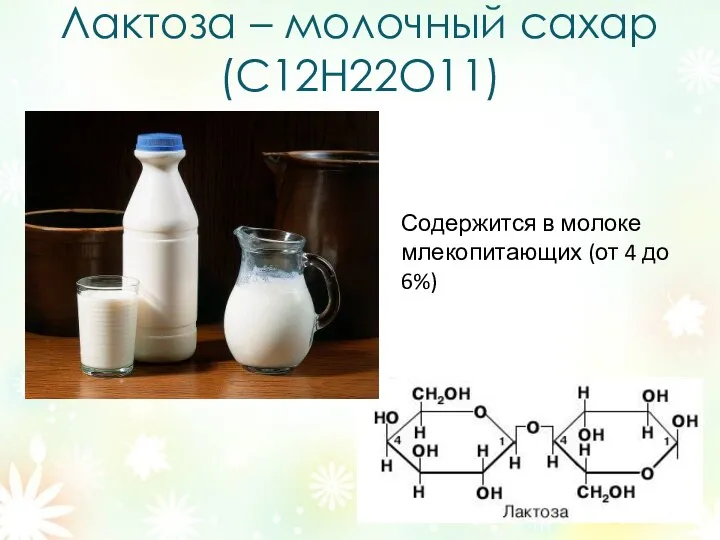 Лактоза – молочный сахар (C12Н22О11) Содержится в молоке млекопитающих (от 4 до 6%)