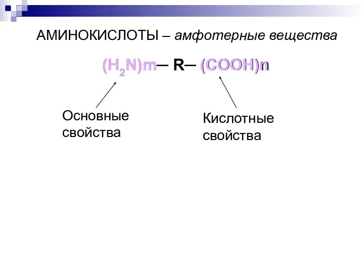 АМИНОКИСЛОТЫ – амфотерные вещества (H2N)m─ R─ (COOH)n (H2N)m (COOH)n Основные свойства Кислотные свойства