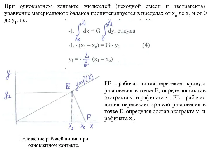 При однократном контакте жидкостей (исходной смеси и экстрагента) уравнение материального баланса