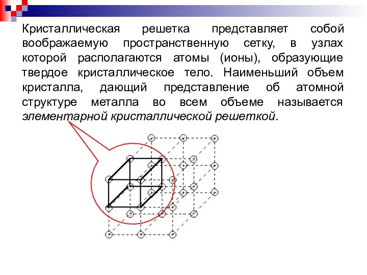 Кристаллическая решетка представляет собой воображаемую пространственную сетку, в узлах которой располагаются