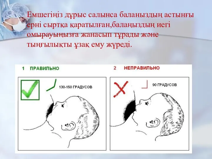 Емшегіңіз дұрыс салынса баланыздың астынғы ерні сыртқа қаратылған,балаңыздың иегі омырауыңызға жанасып