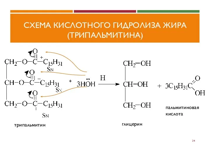 СХЕМА КИСЛОТНОГО ГИДРОЛИЗА ЖИРА (ТРИПАЛЬМИТИНА) + трипальмитин глицерин пальмитиновая кислота