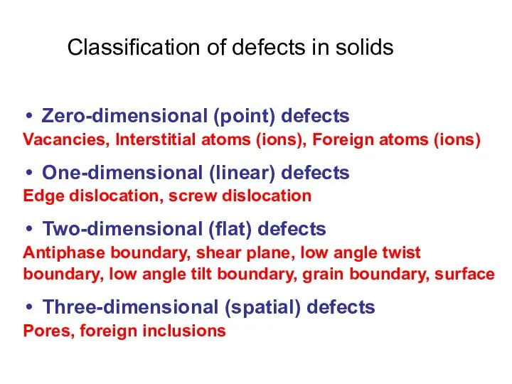 Classification of defects in solids Zero-dimensional (point) defects Vacancies, Interstitial atoms