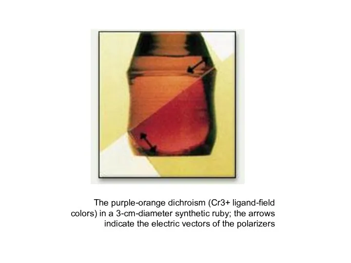 The purple-orange dichroism (Cr3+ ligand-field colors) in a 3-cm-diameter synthetic ruby;