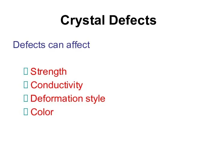 Crystal Defects Defects can affect Strength Conductivity Deformation style Color