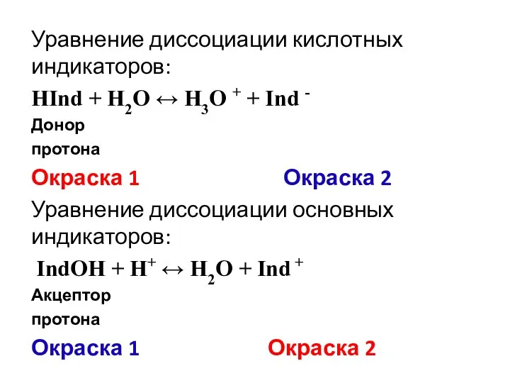 Уравнение диссоциации кислотных индикаторов: НInd + Н2О ↔ Н3О + +