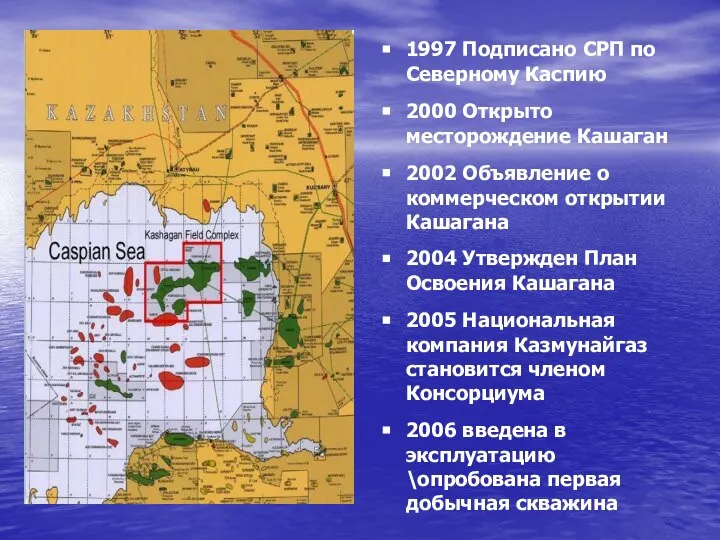 1997 Подписано СРП по Северному Каспию 2000 Открыто месторождение Кашаган 2002