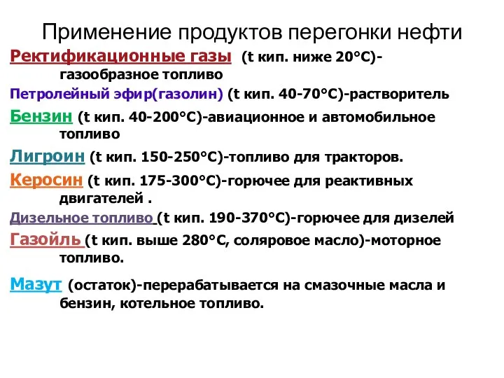 Применение продуктов перегонки нефти Ректификационные газы (t кип. ниже 20°С)- газообразное