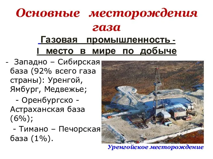 Основные месторождения газа Газовая промышленность - I место в мире по