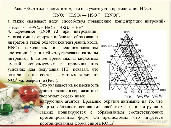 Роль H2SO4 заключается в том, что она участвует в протонизации HNO3: