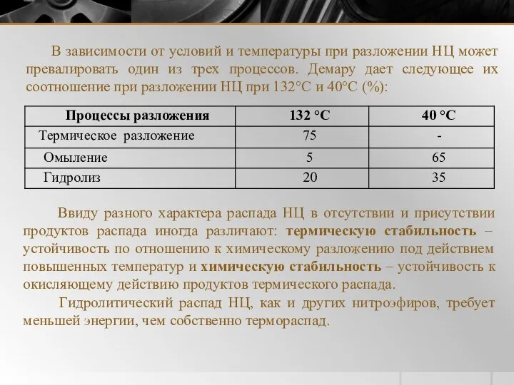 В зависимости от условий и температуры при разложении НЦ может превалировать