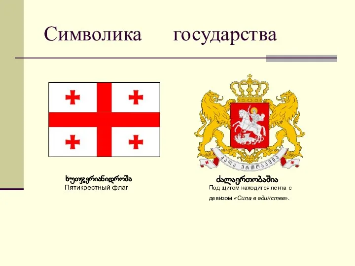 Символика государства ძალაერთობაშია Под щитом находится лента с девизом «Сила в единстве». ხუთჯვრიანიდროშა Пятикрестный флаг