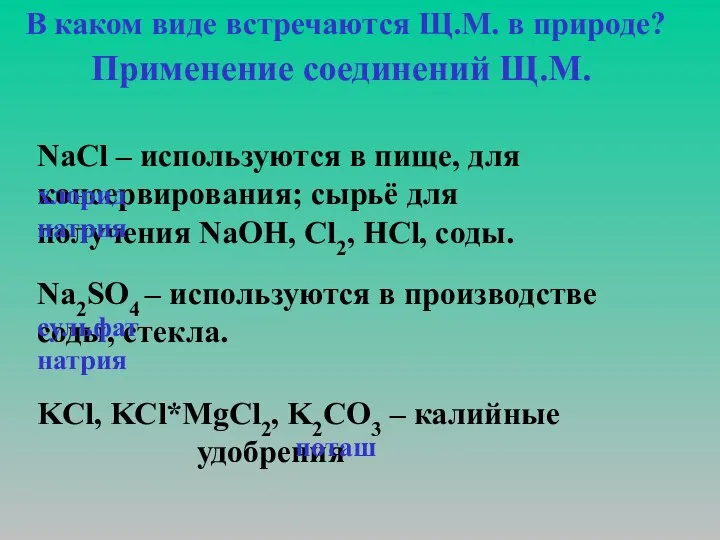 В каком виде встречаются Щ.М. в природе? NaCl – используются в