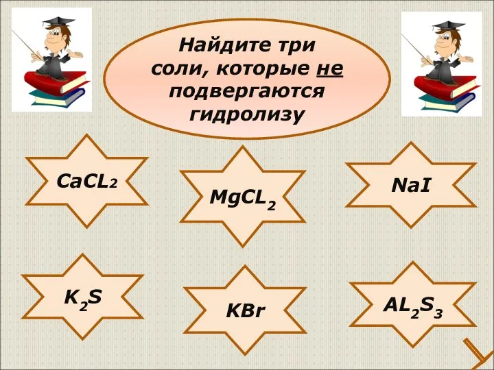 CaCL2 NaI K2S KBr AL2S3 MgCL2 Найдите три соли, которые не подвергаются гидролизу