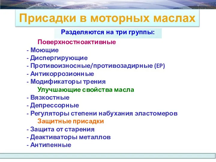 Присадки в моторных маслах Разделяются на три группы: Поверхностноактивные - Моющие