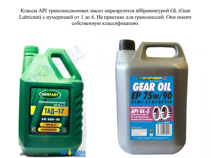 Классы API трансмиссионных масел маркируются аббревиатурой GL (Gear Lubricant) с нумерацией