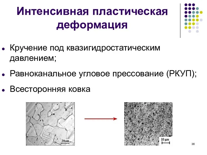 Интенсивная пластическая деформация Кручение под квазигидростатическим давлением; Равноканальное угловое прессование (РКУП); Всесторонняя ковка