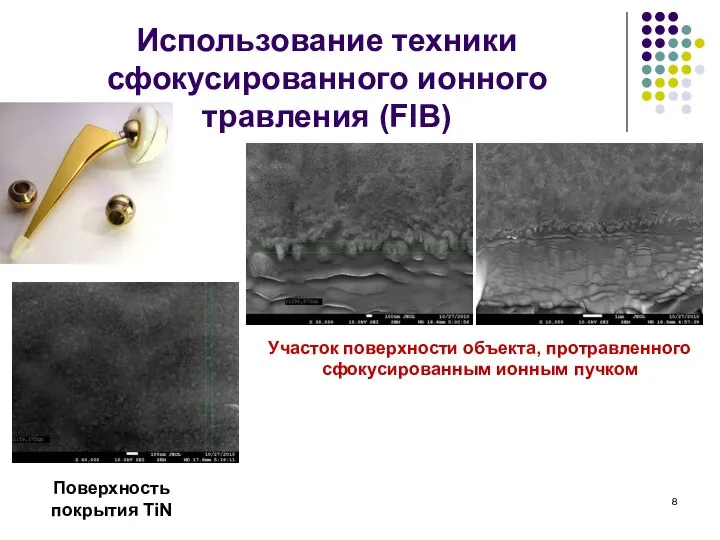 Использование техники сфокусированного ионного травления (FIB) Поверхность покрытия TiN Участок поверхности объекта, протравленного сфокусированным ионным пучком